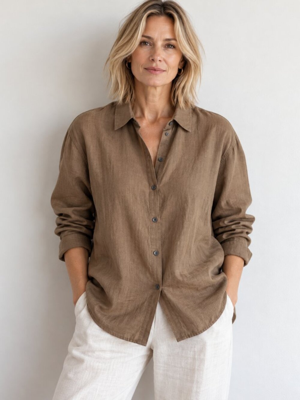 UNIQLO 100% Linen Relaxed Button Down Shirt Taupe Size L PTP22